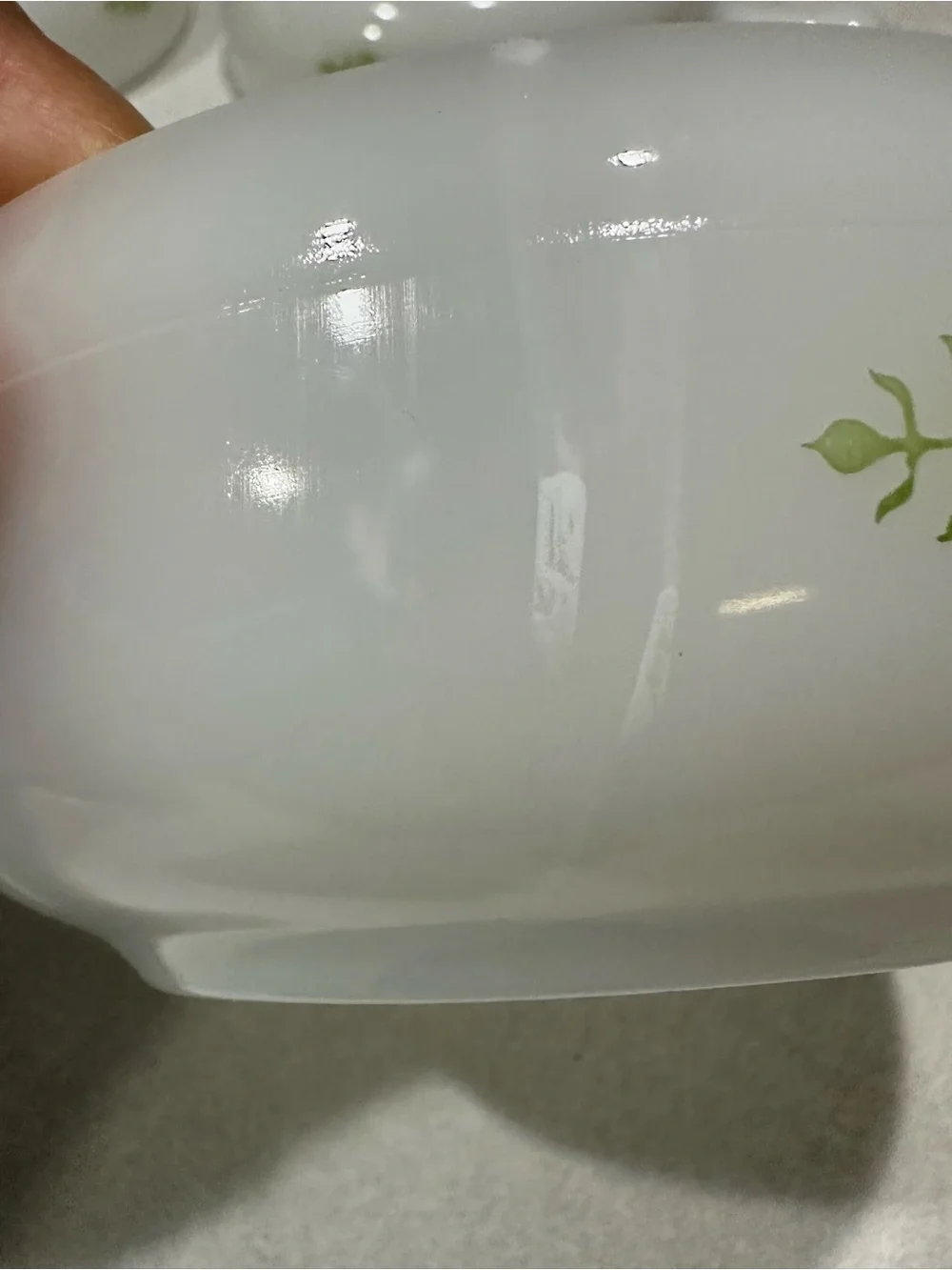 6 -Glasbake Milk Glass Handled Soup Bowl Green Daisy Floral J-2639 MCM USA VTG